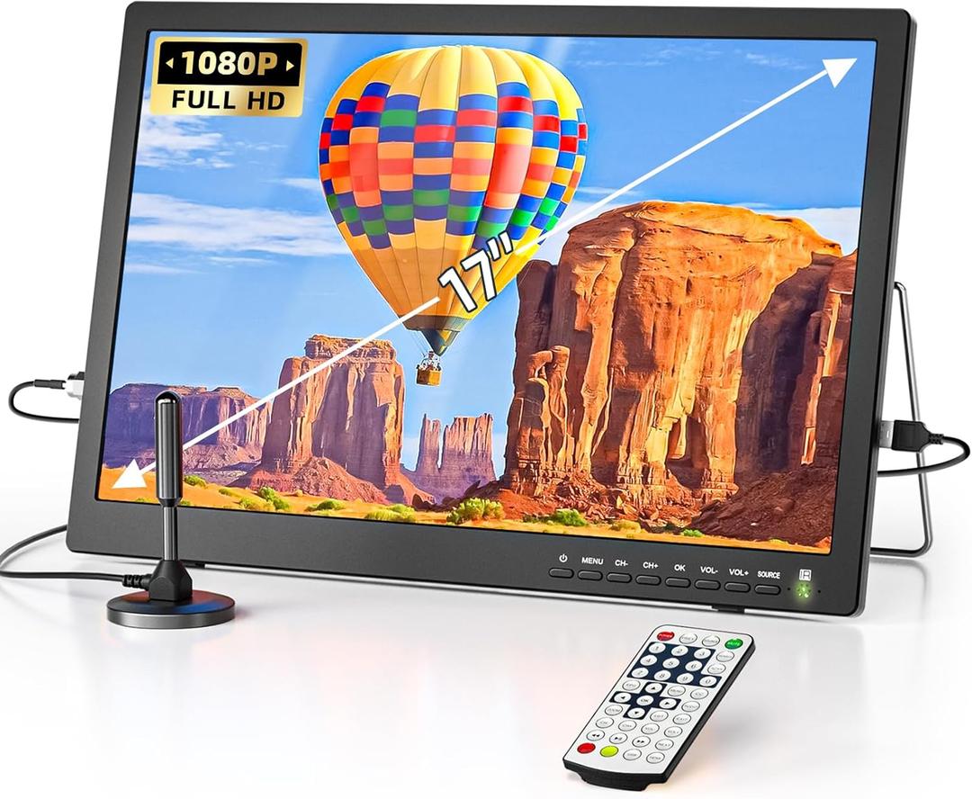 Desobry 17 Inch Portable TV with Antenna, Portable Small TV with ATSC Tuner, Battery Operated TV Portable Monitor Built-in TV Stand, Mini TV for Kitchen, Bedroom, Camping, RV, Support HDMI, AV, USB