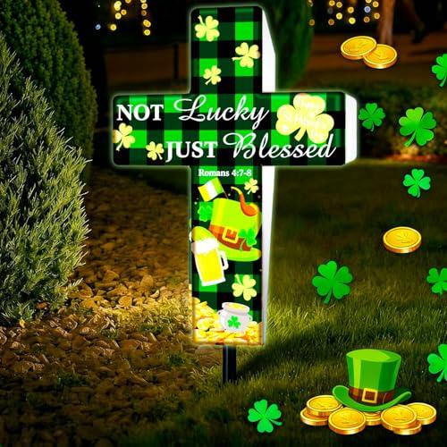 DoubleFill St. Patrick's Day Solar Stake Lights Outdoor Memorial Garden Stake Cross for Grave Cemetery Buffalo Plaid Rustic Farmhouse Shamrock Garden Decor Solar Cross for Patio Pathway Decoration (Green)