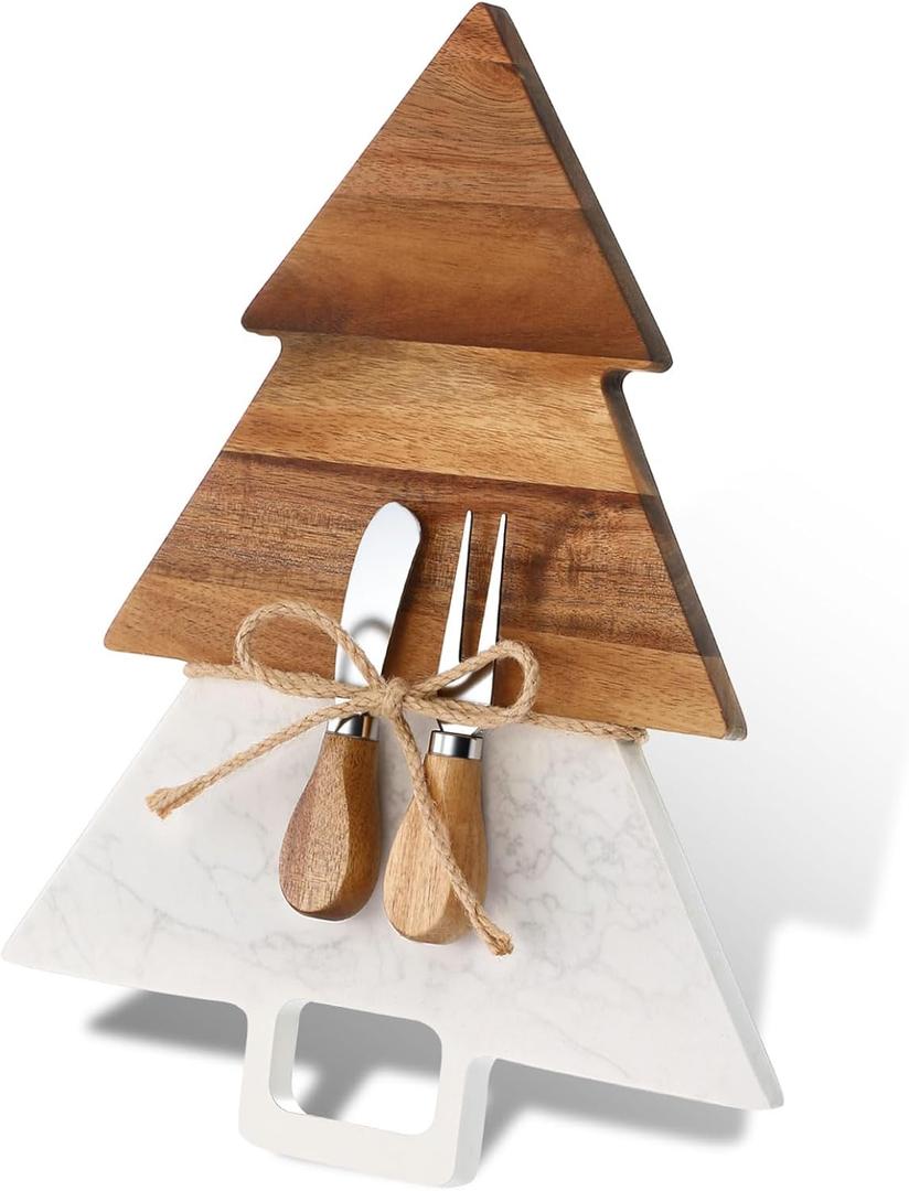 Acellegic Christmas Tree Shaped Marble Charcuterie Cutting Serving Board with Cheese Utensils Cutting Board with Marble and Natural Wood for Kitchen Wedding Anniversary Bridal Shower Housewarming Gift