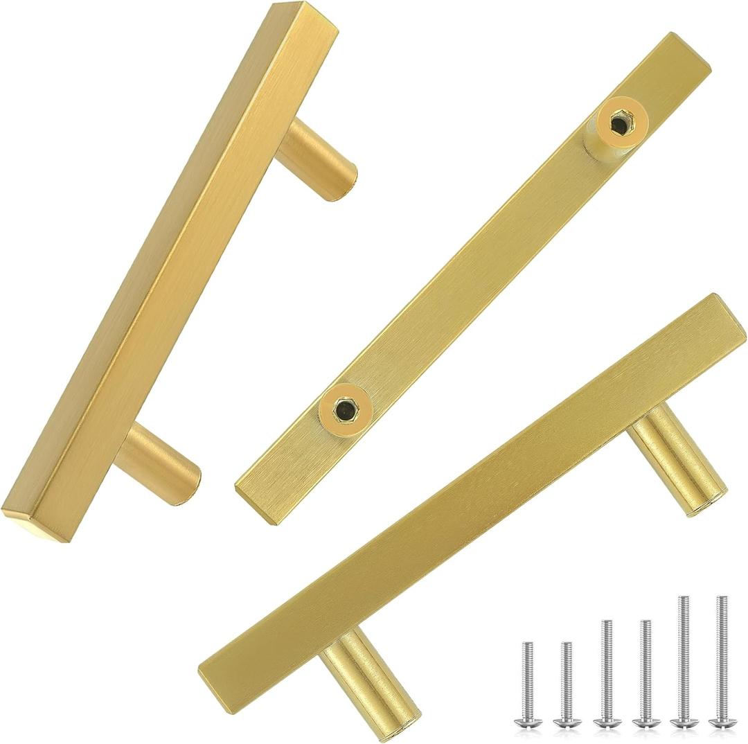 10 Pack 5 Inch Square Brushed Brass Cabinet Pulls for Kitchen Drawer, Stainless Hardware Steel Drawer for Wardrobe Bathroom Cupboard Furniture Pulls, Golden Handles 5Length, 3Hole Center