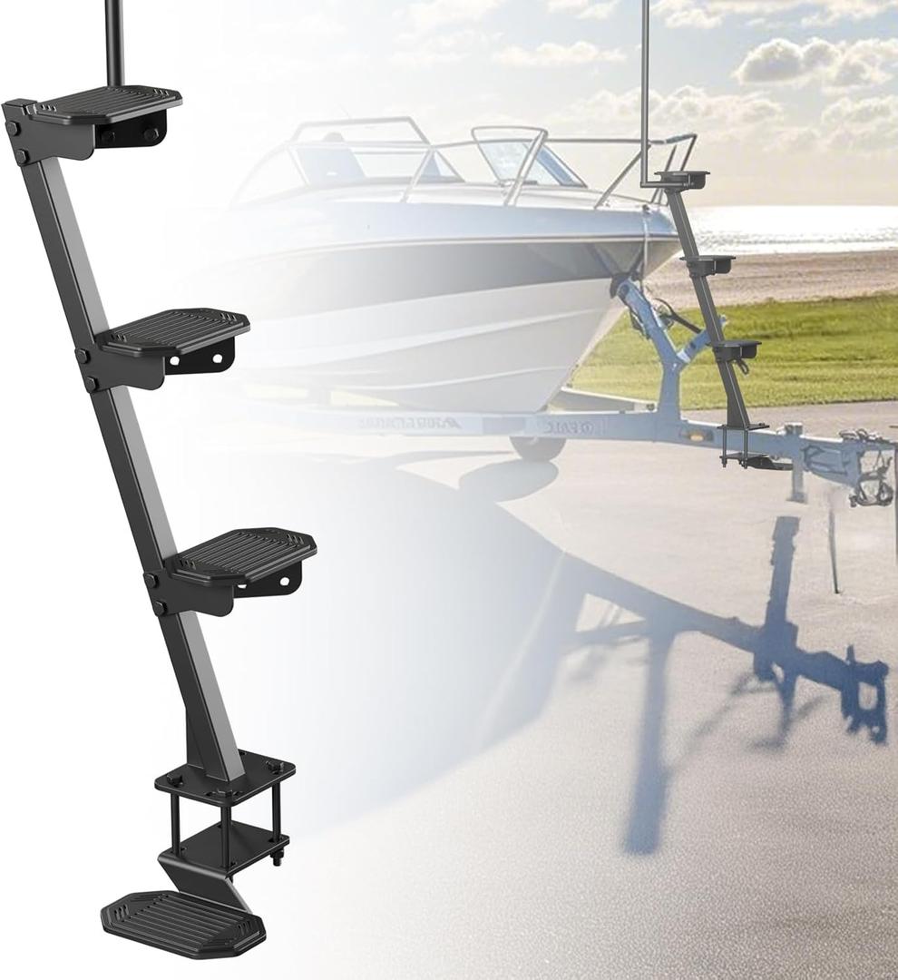 Heavy Duty Boat Trailer Steps, 500lbs Load Capacity Non-Slip Boat Ladder with Long Handrail, Universal Fit with 3 Mounting Angle Options, Anti-Rust and Anti-Corrosion for Deep V Bass Boats(4 Step)