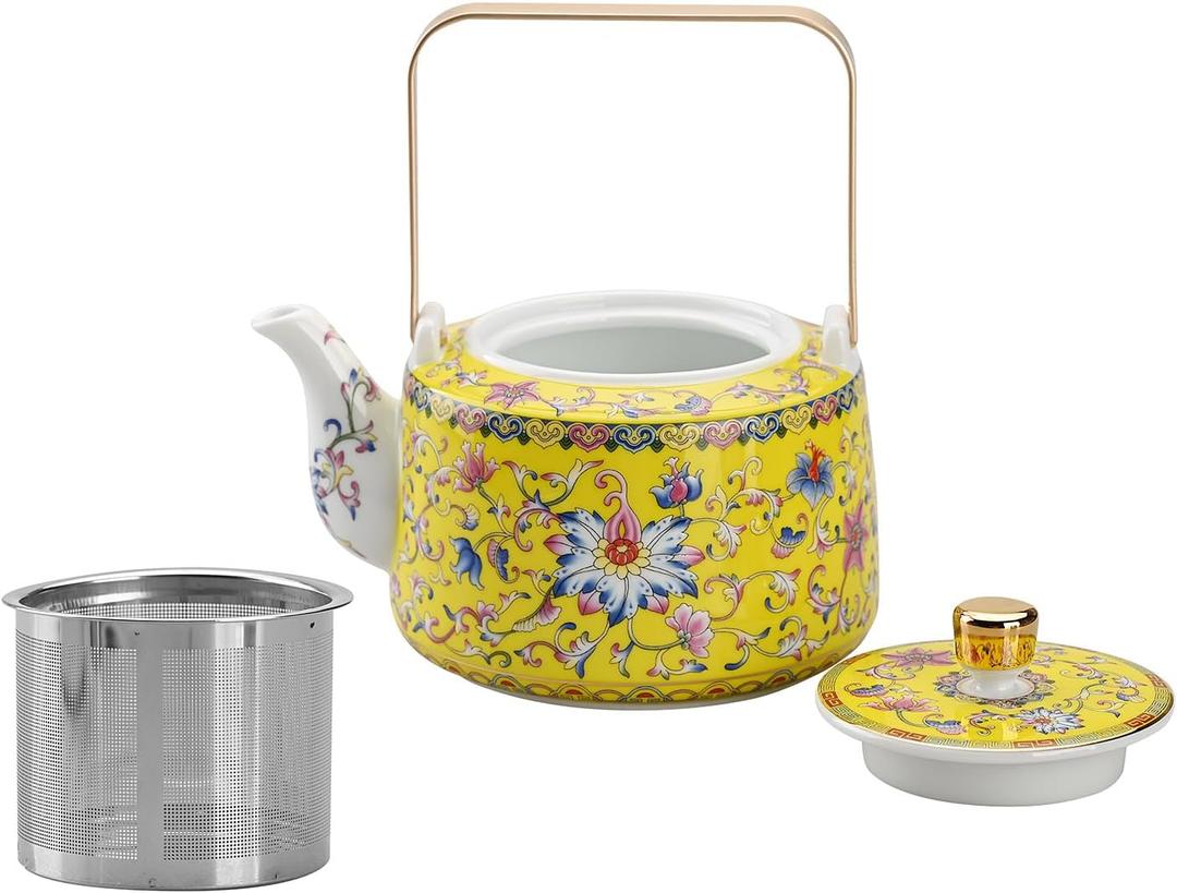 Antique Ceramic Teapot Coffee Pot with Infuser, 400ml (1-2 cups) Small Porcelain Tea Pots for Loose Leaf Tea, with Removable Stainless Steel Strainer and Lid for Gift (Yellow(Handle))