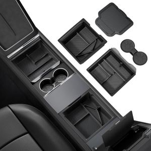 REEVAA Center Console Organizer for Tesla Model Y Juniper 2025-2026 (Premium & Performance), Model 3 Highland 2024-2026 All Trims [Dual-Tier Storage, Seamless Fit], Premium Silicone Liner, 4PCS, Black