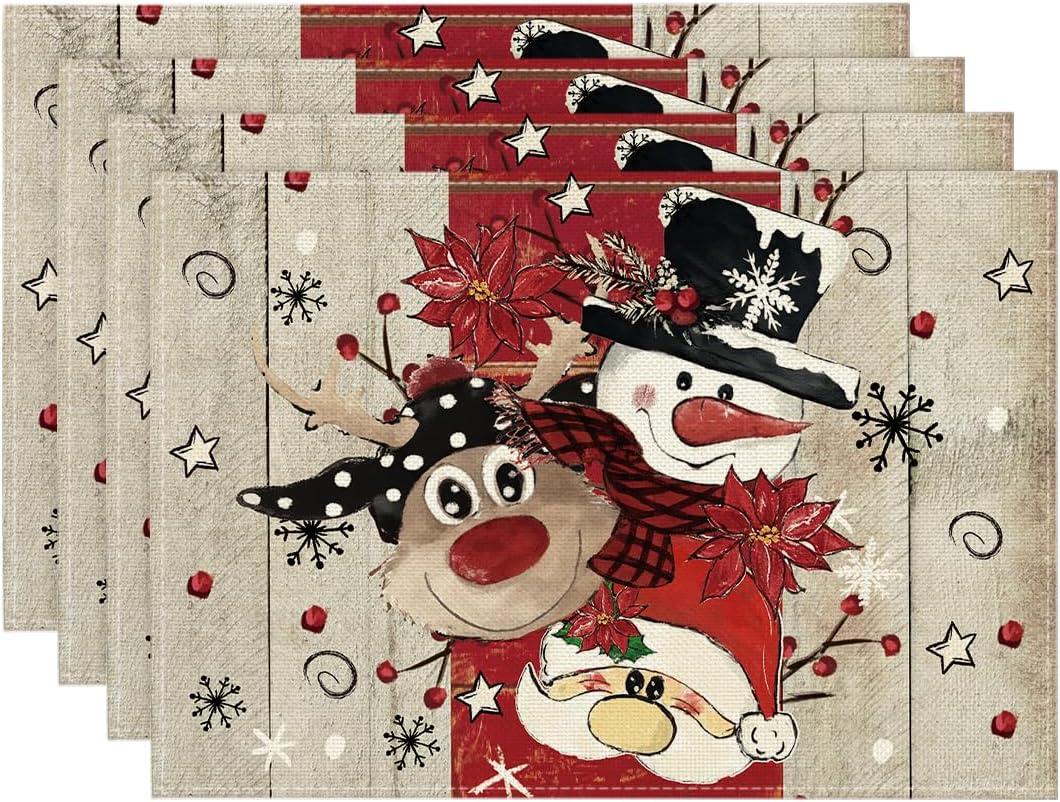 Reindeer Santa Claus Snowflake Christmas Placemats Set of 4, 12x18 Inch Seasonal Winter Table Mats for Party Kitchen Dining Decoration
