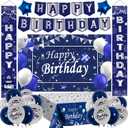 Blue and Sliver Birthday Decorations, Birthday Party Decorations for Men Boys Women Girls with Navy Blue Sliver Happy Birthday Banner Tablecloth Backdrop Porch Sign Door Decorations Balloons