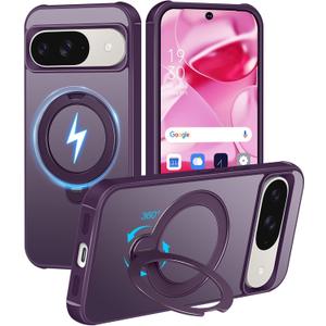 HuwaiH 360 Rotatable Magnetic Ring Stand for Google Pixel 9/9 Pro/10/10 Pro Case, Compatible with MagSafe, Military-Grade Shockproof, Anti-Scratch Matte Translucent Phone Case(Purple)