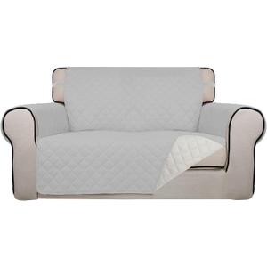 PureFit Reversible Quilted Sofa Cover, Water Resistant Slipcover Furniture Protector, Washable Couch Cover with Non Slip and Elastic Straps for Kids, Pets (Loveseat, Light Gray/Ivory) (Medium)