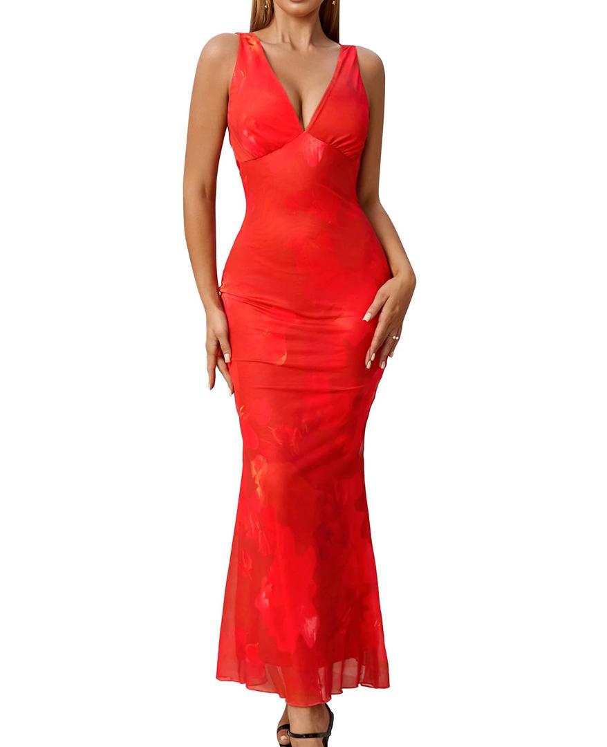 GLNEGE Women's Summer Floral Bodycon Maxi Dress Sexy Backless V Neck Wedding Guest Dresses 2025 Tangerine (Red, XS)