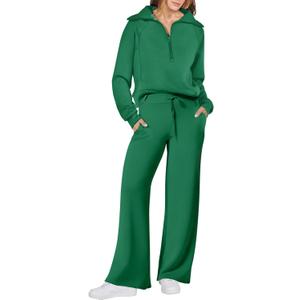 ANRABESS Women 2 Piece Outfits 2025 Fall Fashion Airport Wide Leg Pants Lounge Set Leisure Travel Vacation Clothes Sweatsuits (X-Large, Green)