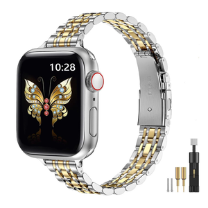 MioHHR Slim Metal Band Compatible with Apple Watch Band 42mm(Series 11 10) 41mm(Series 9 8 7) 40mm(Series 6 5 4 SE3/2/1) 38mm(Series 3 2 1),Stainless Steel iWatch Bands for Women,Silver/Gold
