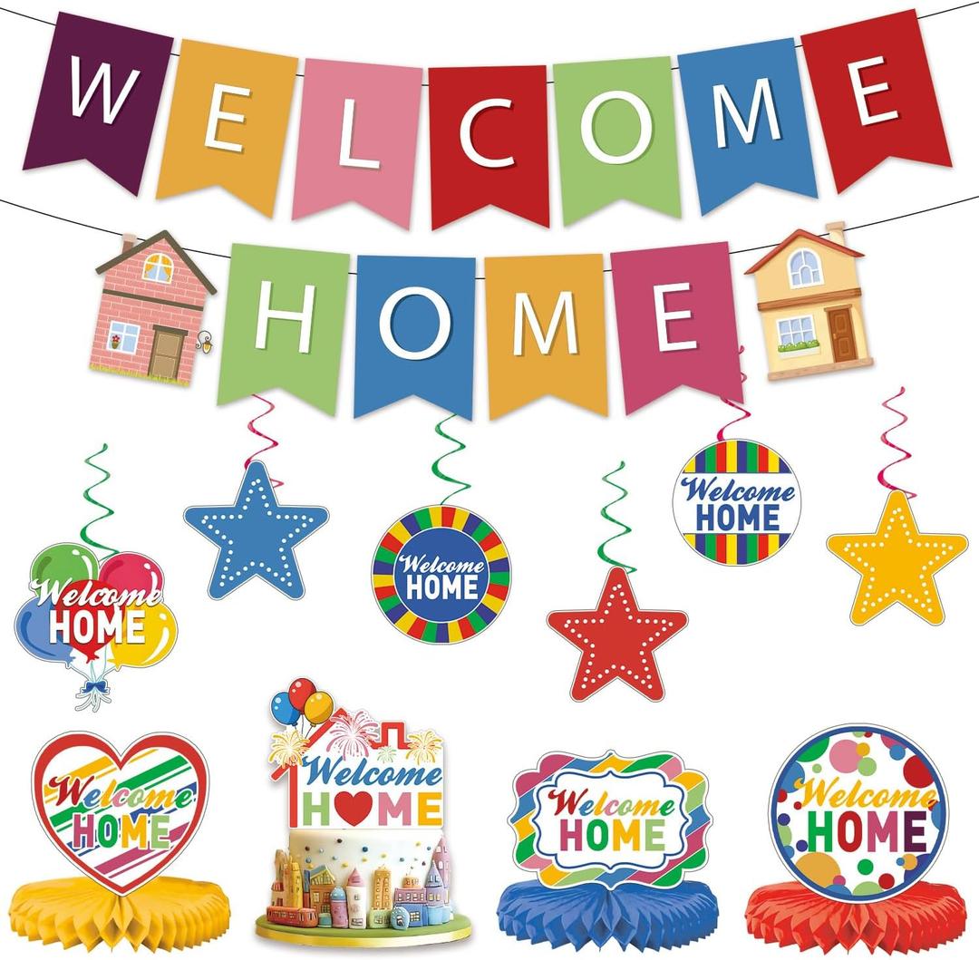 Welcome Home Decorations Welcome Home Banner with Stars Hanging Swirl Streamers Honeycomb Ornaments Cake Topper Welcome Back Decorations
