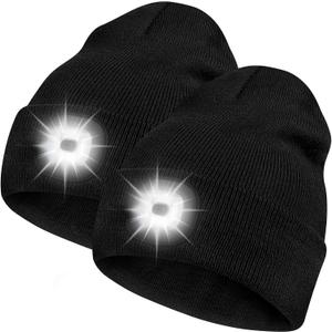 Bosttor LED Beanie Hat with Light 2 Pack, Headlamp Cap, Unisex Winter Knitted Hats Headlight Flashlight Gifts for Men Women (Black&black)