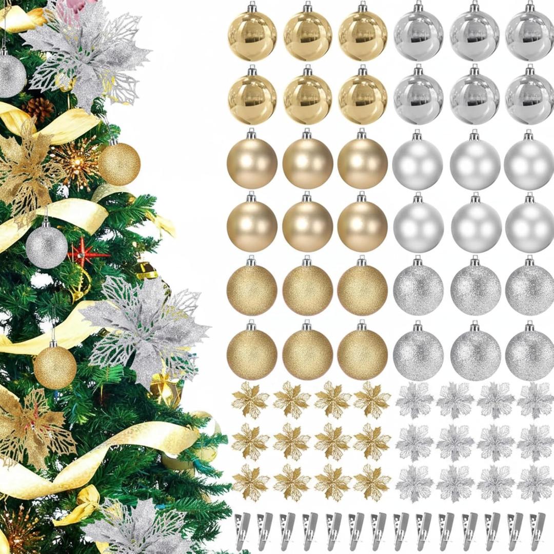 Soaoo 60 Pcs Gold Silver Christmas Tree Ornaments Set, 36 Pcs 2.36" Shatterproof Christmas Balls Decorations, 24 Pack 6.3" Glitter Poinsettia Artificial Flowers Decor Xmas Hanging Ornaments