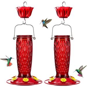 Kingsyard 2 Pack Glass Hummingbird Feeders for Outdoors Hanging, Wild Bird Nectar Feeder with 6 Feeding Ports, 24 oz Leak-Proof, Red (Ant Moat Included)