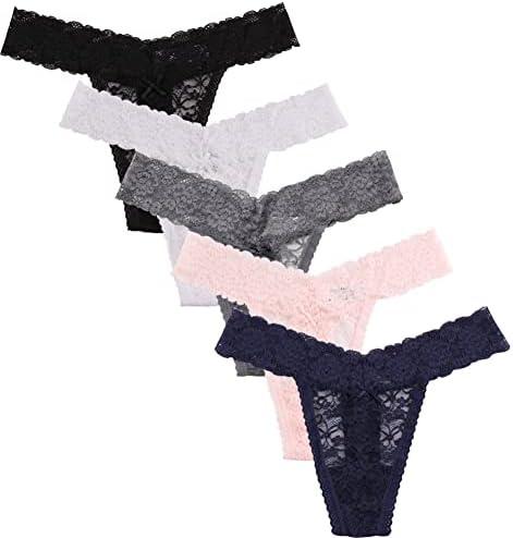 Women's Sexy Lace Thongs V Cheeky Underwear See Through Panties Pack of 5 (Large)