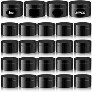 Dandat 24 Pcs Plastic Jars with Lid and Label PET Cosmetic Loose Powder Containers Leak Proof Empty Cosmetic Jars Refillable Travel Containers for Lotion Cream Powder(8 oz,Black)