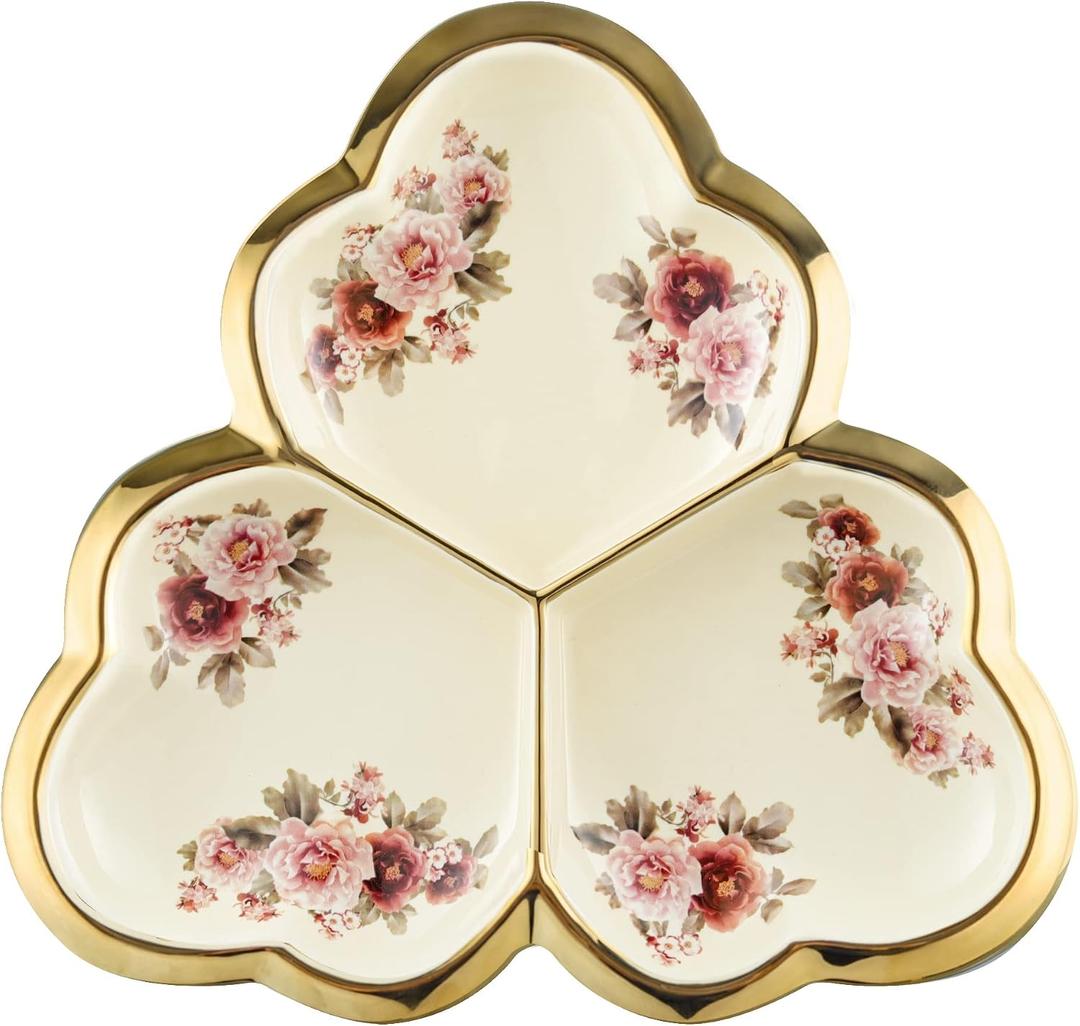 fanquare 3 Compartment Platter, Gold Porcelain Appetizer Serving Tray, Floral Ceramic Divided Serving Plate for Fruit, Candy, Nuts, Large