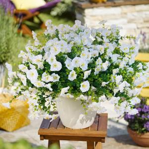 Artificial Fake Flowers For Outdoor Outside Decoration,16 Bundles UV Resistant Faux Plastic White Flowers with Green Eucalyptus Stem Plants Bulk Look Real for Home Porch yard Patio Planters (White)