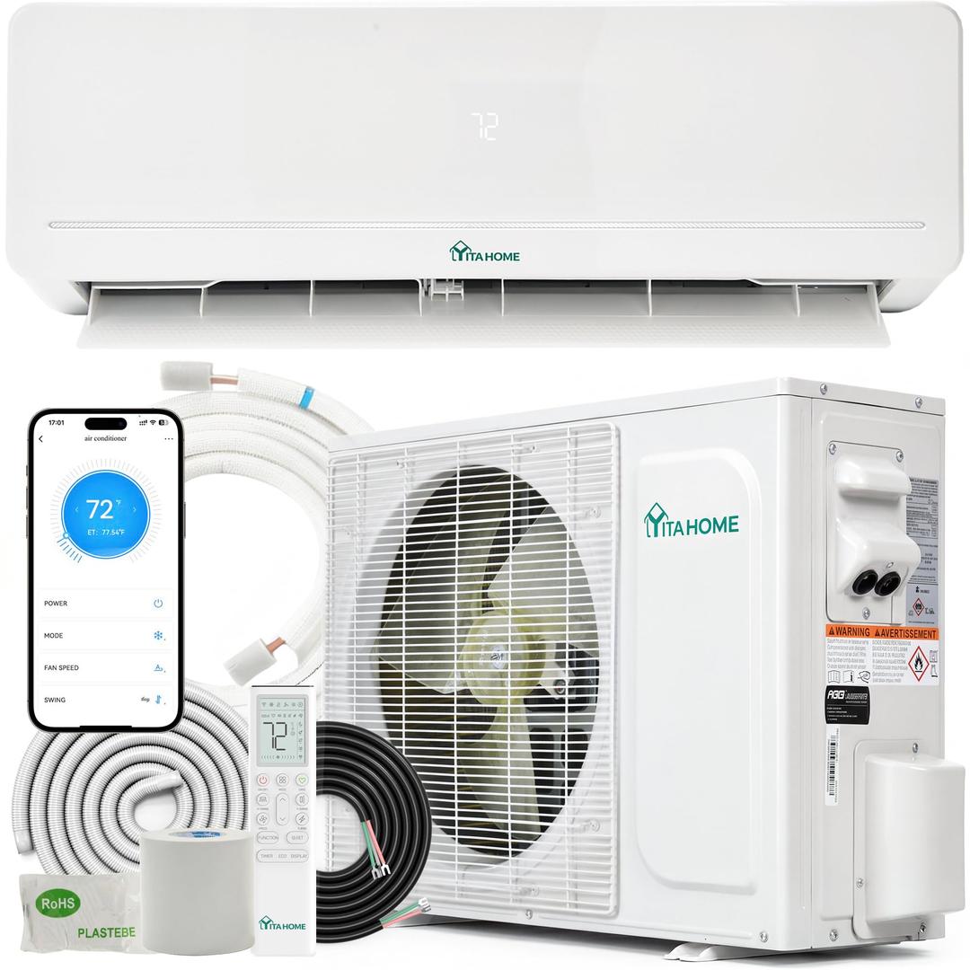 YITAHOME 9000 BTU Mini Split AC/Heating System, Ductless Mini Split Air Conditioner Heat Pump,115V 18 SEER2 Energy Efficient Inverter AC Unit,Wifi Enabled Compatible with Alexa for Apartment, Garage