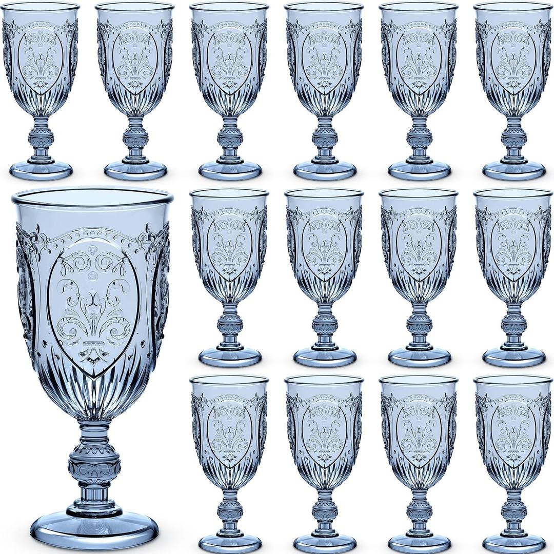 Wiwiqing 24 Pcs Plastic Goblets 7.5oz Vintage Goblet Plastic Wine Glasses Colored Retro Embossed Water Goblets for Wine Bar Juice Baby Shower Wedding Reception Grand Event Party (Blue)