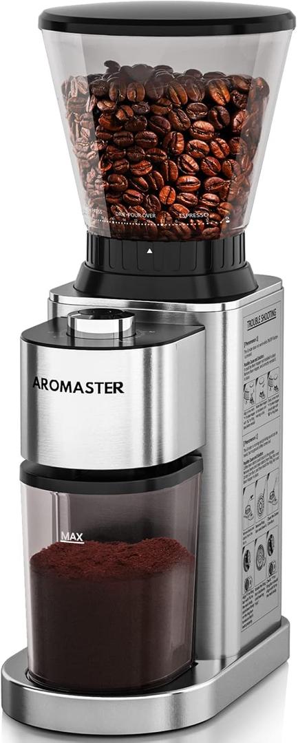 Aromaster Burr Coffee Grinder with 48 Gind Settings, Conical Coffee Bean Grinder for Home Use,Stainless Steel,40 Seconds Adjustable Timer,Anti-static,Easy to Clean with Brush (Silver)