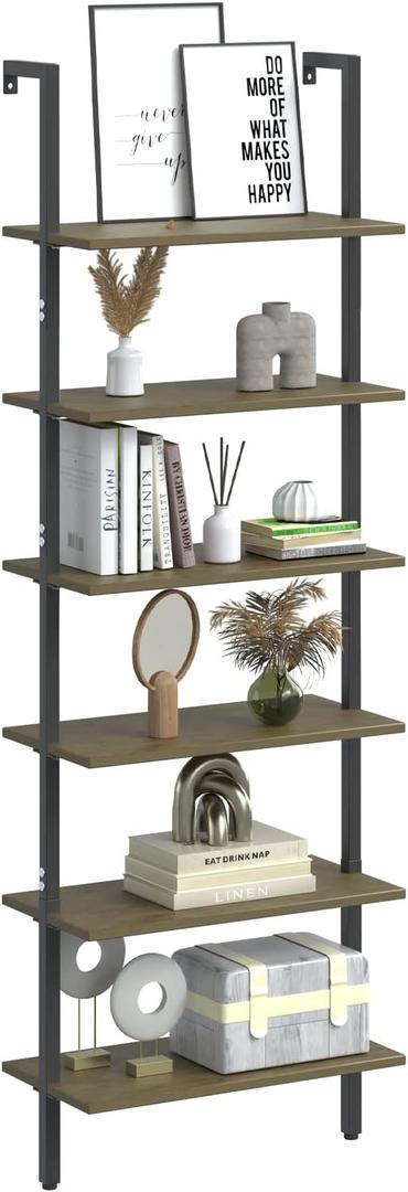 Ladder Shelf Black 6 Tiers Modern Bookshelf Room Organizer Open Tall Wall Mount Bookcase Standing Leaning Wall Shelves Industrial Decorative Living Room Bed Room (Brown) (1 PC 23.6IN)