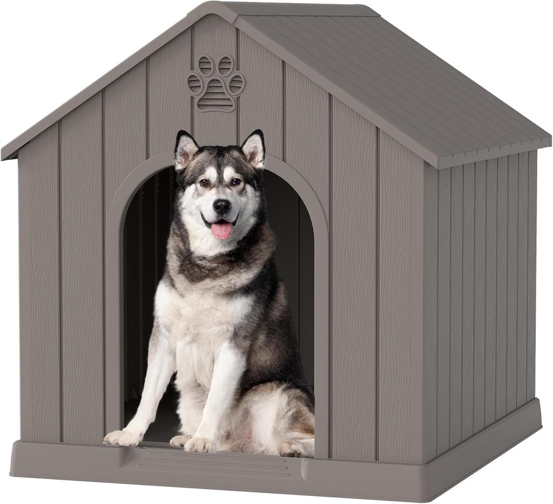 Large Dog House Outdoor Indoor, Durable Plastic Waterproof Doghouse with Air Vents and Elevated Floor, Easy Clean and Assemble for Medium Large Dogs (Classic Grey, 36.2''L38''W38''H)