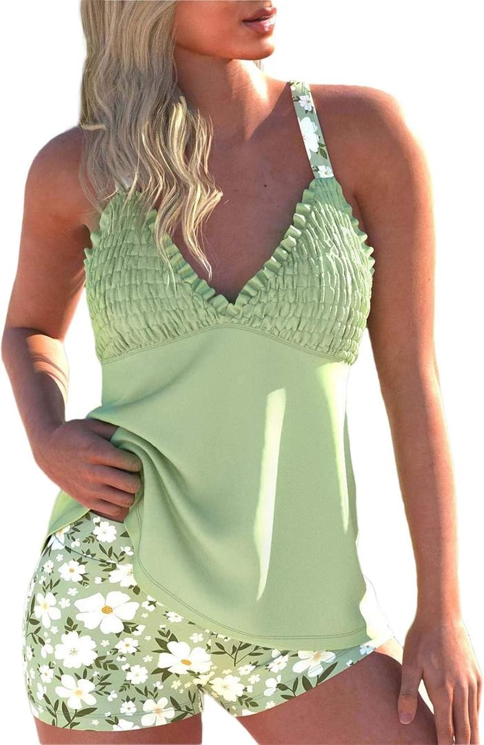 ROSEWE Womens Tankini Bathing Suits, Two-Piece Smocked Swim Dress, Print Swimsuits with Board Shorts (X-Large, Light Green)