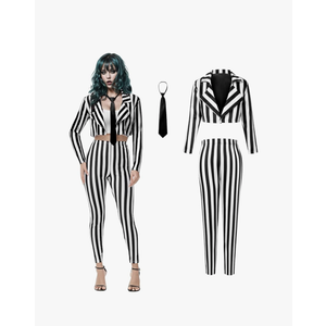 Black and White Striped Suit Scary Halloween Costumes for Women Men Horror Movie Halloween Outfits, XL