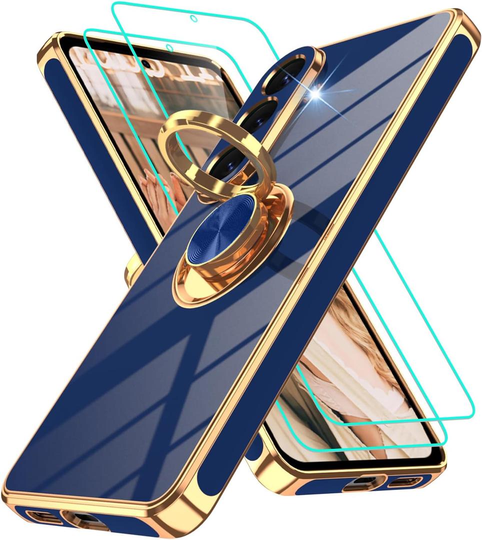 Gritup for Samsung S26 Case | 2Pcs Screen Protector | 360 Rotation Ring Holder Magnetic Kickstand, Plating Gold Edge Soft TPU Shockproof Protective Cover for Galaxy S26, Blue