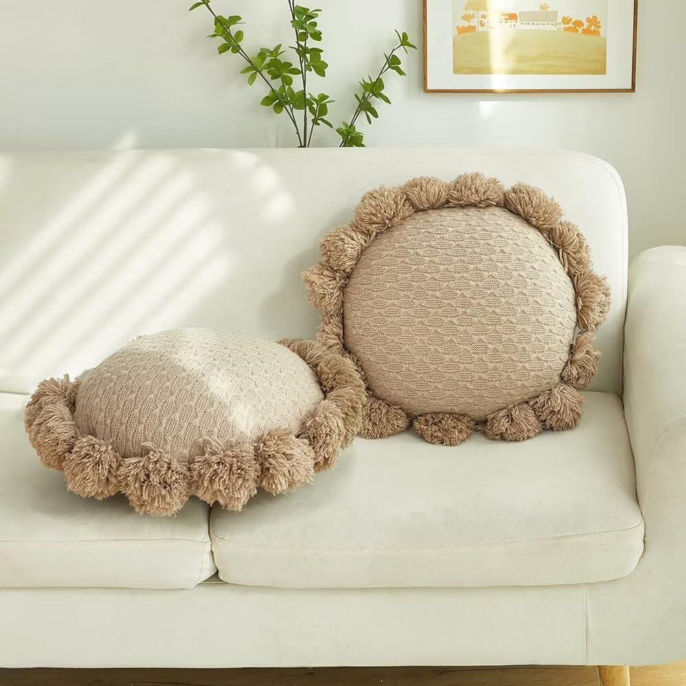 Boho Round Throw Pillow Cover 18 Inch Set of 2 Khaki Natural Decorative Pillow Covers with Pom Poms Hallowmas Cushion Case for Bed Couch Living Room
