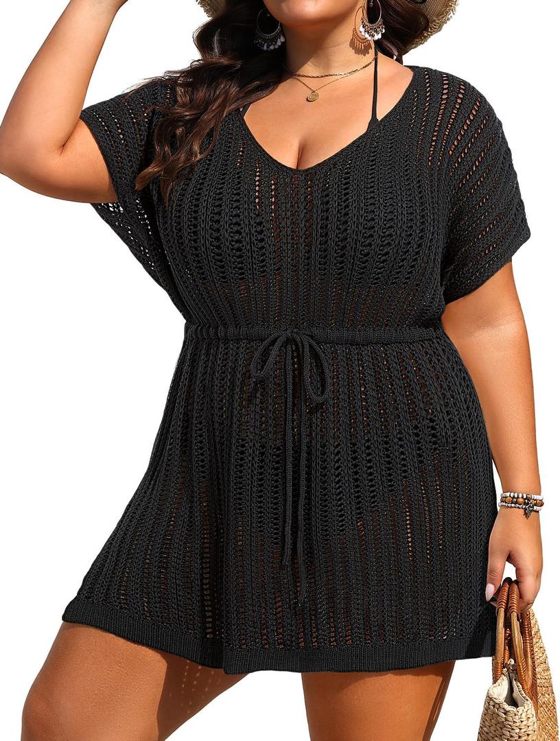 Plus Size Swimsuit Cover Up Women - Crochet Beach Romper Knit Bathing Suit Short Sleeve V Neck Swimwear Coverup Dress (Black) 16 Plus