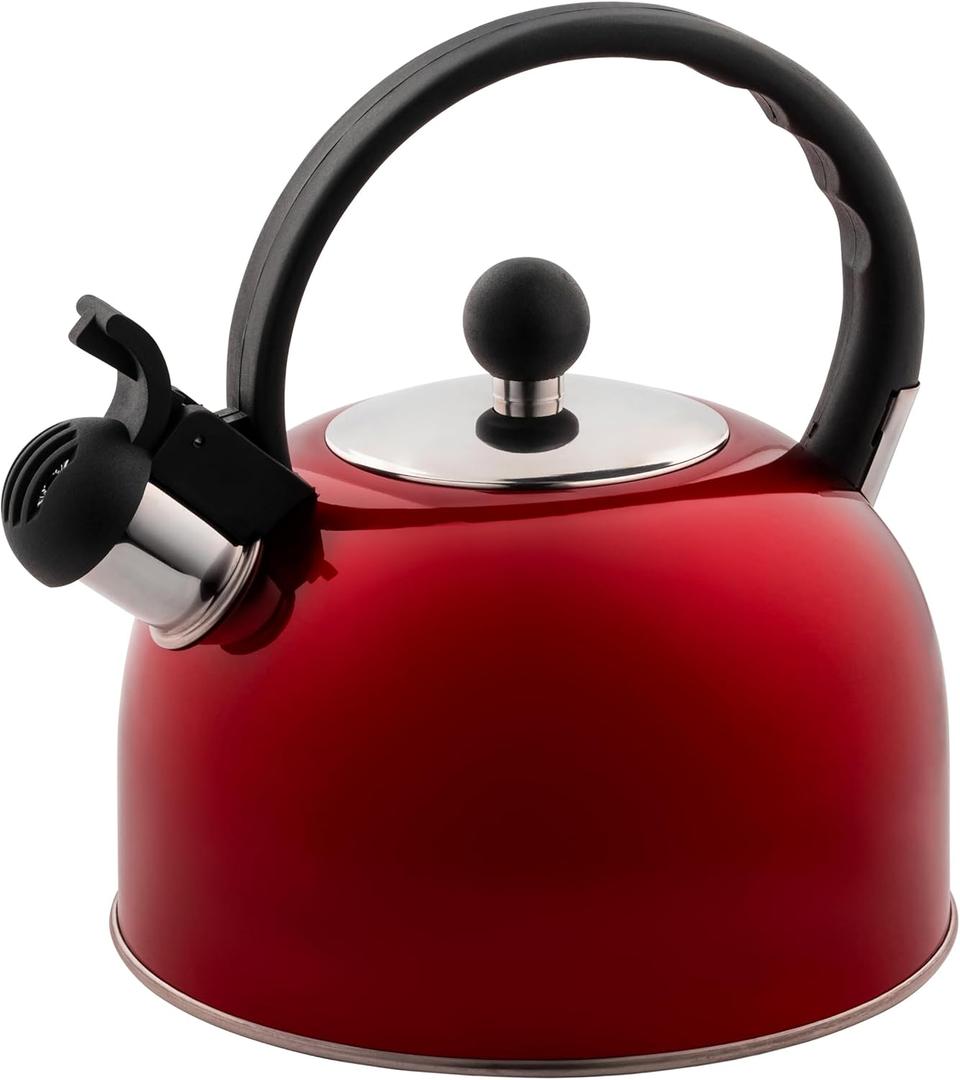 2.5 Liter Whistling Tea Kettle - Modern Stainless Steel Whistling Tea Pot for Stovetop Hot Water Boiler with Cool Grip Ergonomic Handle (Wine Red, 2.5 Liter)