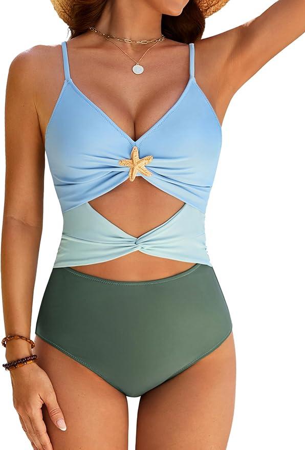 BMJL One Piece Swimsuit for Women Bathing Suits Swim Suits 2025 Tummy Control Flattering Full Coverage (S,Green Color Block)