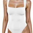 Womens Square Neck Sleeveless Bodysuit  Slim Fit Stretchy Tank Top for Summer Layering, Casual Outfits (White, S)