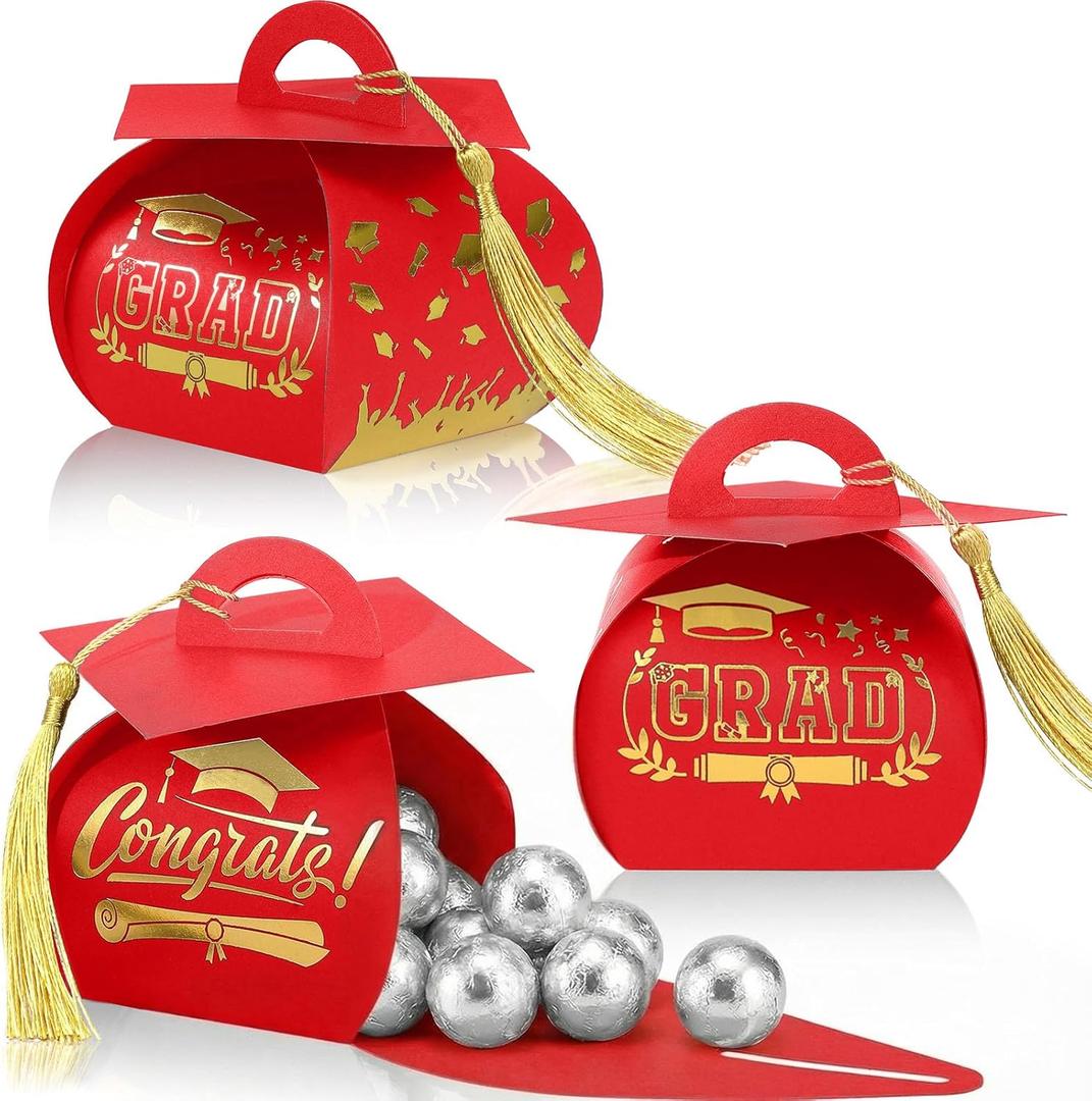 Spakon 30 Pcs Graduation Cap Gift Box Graduation Party Favors Candy Boxes Treat Box with Tassel Table Centerpieces Class of 2026 Grad Decorations(Red, Gold)