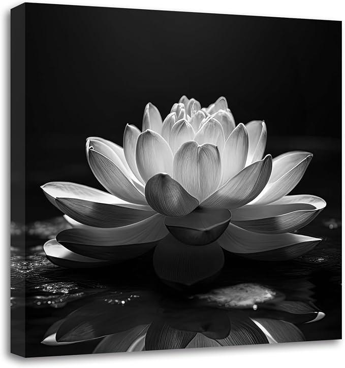 LZIMU Black White Zen Canvas Wall Art Blossom Lotus Picture Water Lily Prints Spiritual Artwork for Bathroom Meditation Yoga Spa Room Decor(Picture-1, (16.00" x 16.00"))