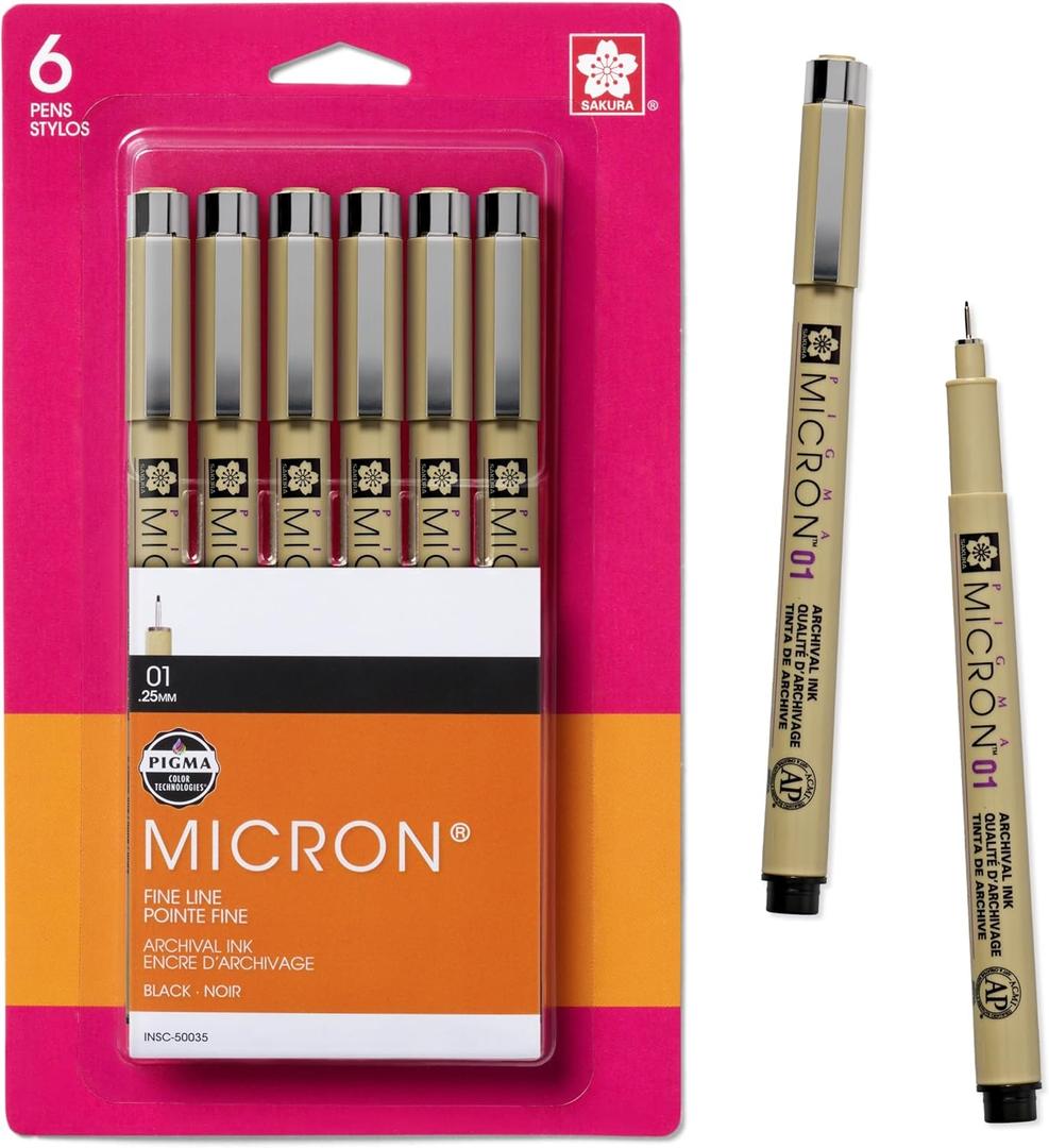 SAKURA Pigma Micron Fineliner Pens, 01 Tip Size, Archival Black Ink, 6 PK 50035