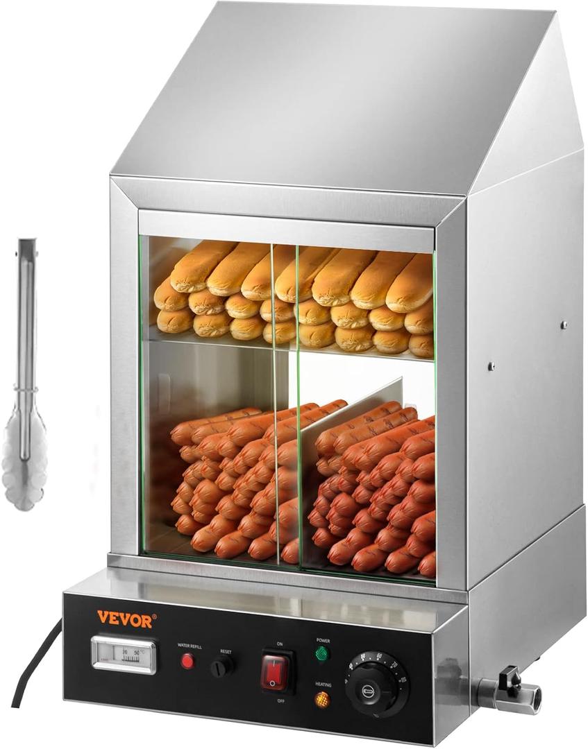 VEVOR Hot Dog Machine, 36 L, 2-Tier Hot Dog Steamer for 200 Hotdogs & 42 Buns, 1200W Electric Bun Warmer Cooker with Rotary Knob Temp Display (Silver)