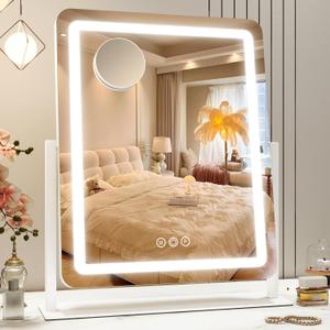 22x18 Inch Vanity Mirror with Lights, 3 Color Dimmable LED Lighting, Smart Touch Control & 360 Rotation, Large Makeup Mirror for Bedroom, Dressing Room (White)