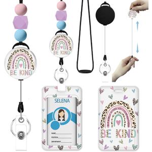 Icycay Teacher Lanyards for Id Badges, ID Holder with Silicone Beaded Lanyard Badge Reel Retractable, Inspirational Rainbow Retractable Name Tag Work Office Supplies Women Teacher Gifts