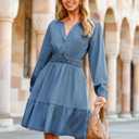 Simplee Womens Fall Denim Dress Casual Long Sleeve V Neck Empire Waist Ruffle A Line Flowy Short Jean Dresses with Pockets (Blue, S)