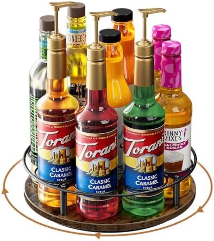 Nuovoware 9 Bottles Rotating Coffee Syrup Rack, Coffee Syrup Rack Organizer Carbon Steel Frame with Wooden Base Bottle Holder for Syrups Table Top Thermos Liquor, Brown+Black