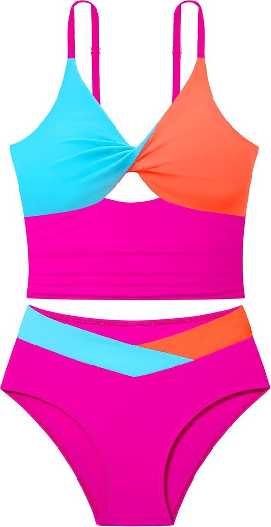 Doumlop Girls Swimsuit Color Block Girls Bathing Suit Twist Tankini Set Two Piece Girl Swimwear Bikini Set for 9-16 Years (Hot Pink)