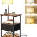 Fixwal Nightstand with Lights Bedside Table with 3 Color Temperatures Bulb, Night Stand with Charging Station End Table with Adjustable Fabric Drawer for Bedroom Dorm (Rustic Brown & Black)