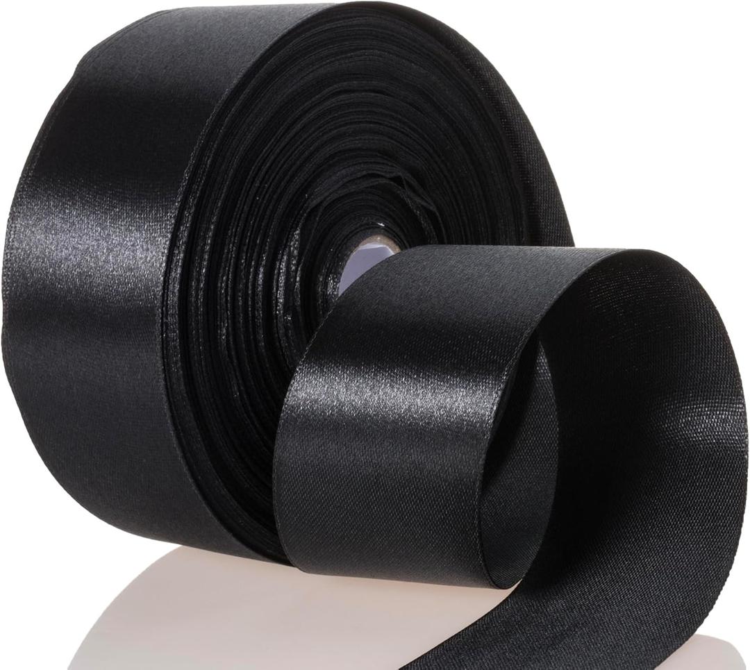 2 x 50 Yards 1 1/2 Inch Black Satin Ribbon, Single Face Polyester Solid Color Craft Fabric Ribbon for Handmade Roses, Gift Wrapping, Bouquets, Wedding, Christmas, and Party Decoration