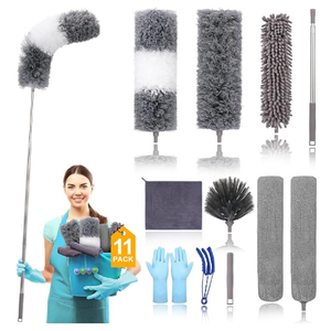 Microfiber Extendable Feather Duster (11pcs) with 100" Extension Pole, Washable Reusable Bendable Dusters for Cleaning Ceiling Fan, High Ceiling, TV, Blinds, Cars