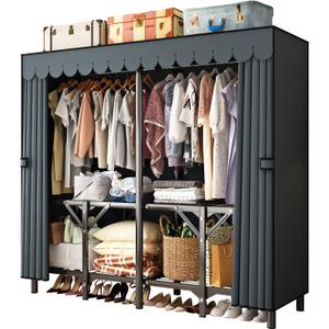 Gray Large Portable Armoire Wardrobe Closet with Foldable Clothing Wardrobe 25MM Steel Pipe Metal Frame Clothes Rack,One Piece Folding Design (59.1 x 17.7 x 66.9 inches)