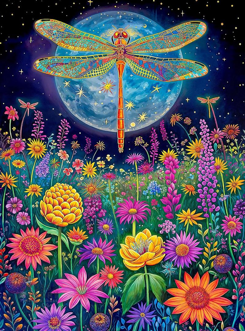Cross & Glory - 1000 Piece Jigsaw Puzzle for Adults | Lunar Symphony: The Dragonfly’s Tale | Best New Enchanted Nature Puzzle | Vibrant Nighttime Artwork| 20x27 Inches | Flower Puzzle
