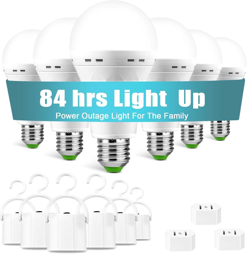 6 Pack Rechargeable Emergency Light Bulbs, Battery Powered LED Light Bulb 6000K Daylight E26 12W 60W Equivalent with 1500mAh for Home Power Outage Camping Hiking(6 Bulbs, 6 Hooks,3 Plug Caps)